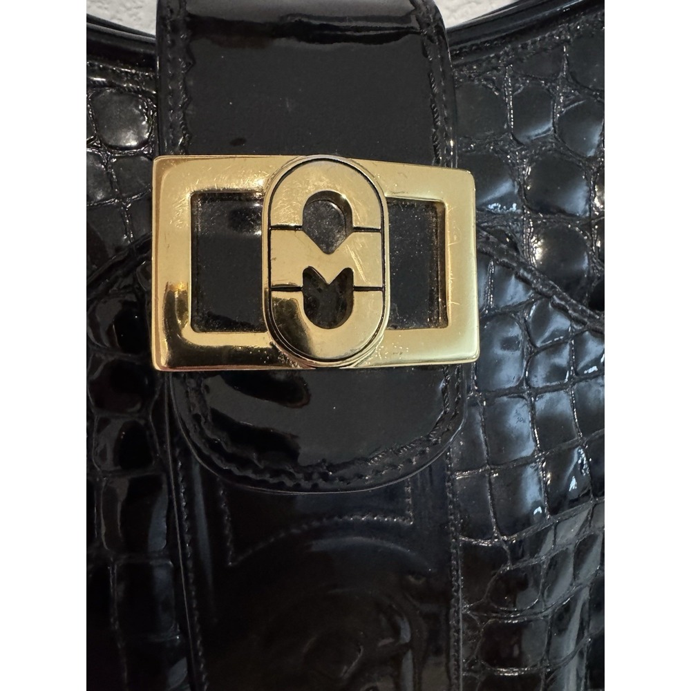 Marino Orlandi Black Patent Croc Embossed Leather Satchel Handbag Made in Italy - Picture 3 of 16